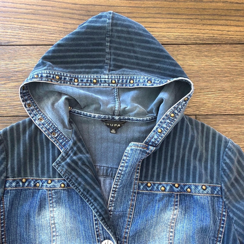 Shufa Blue Denim Striped Corduroy Studded Hooded Short Sleeve Jacket Size 42 - Picture 4 of 16